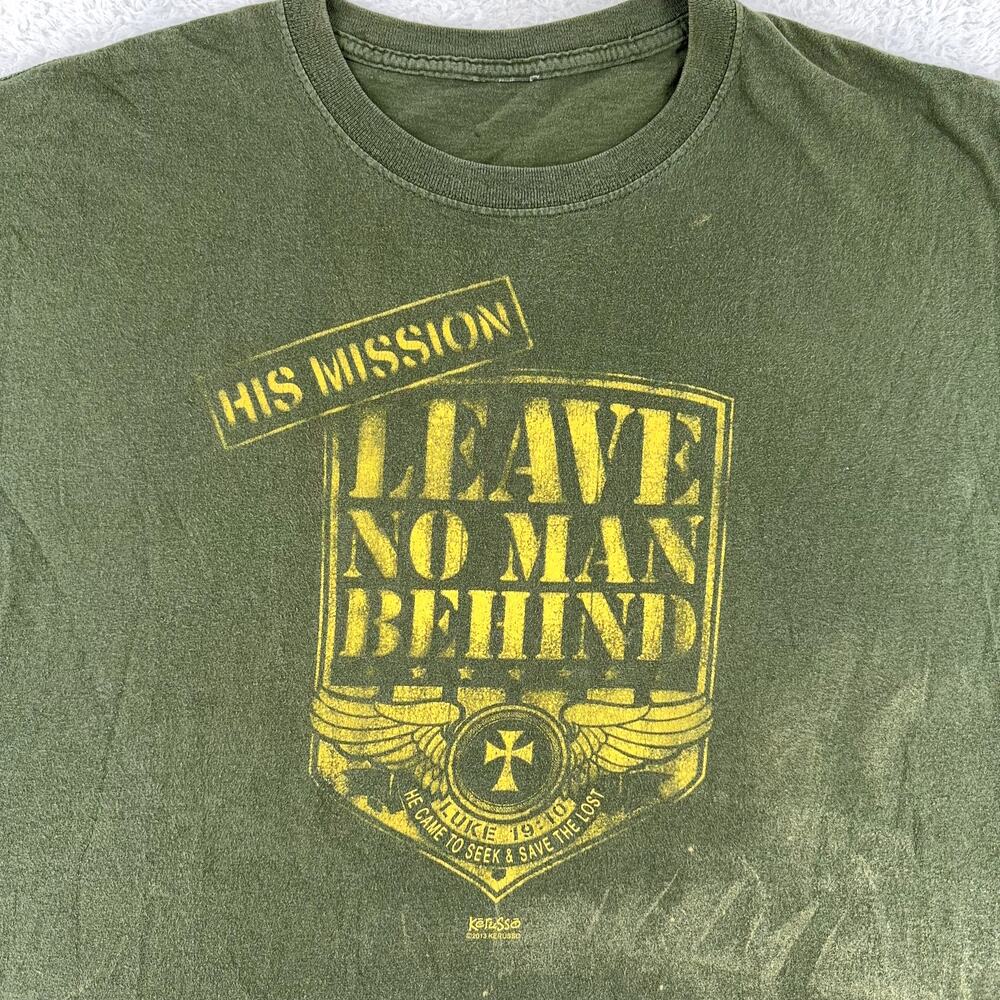 vtg Kerusso His Mission Leave No Man Behind Christian T Shirt Green Military 2XL